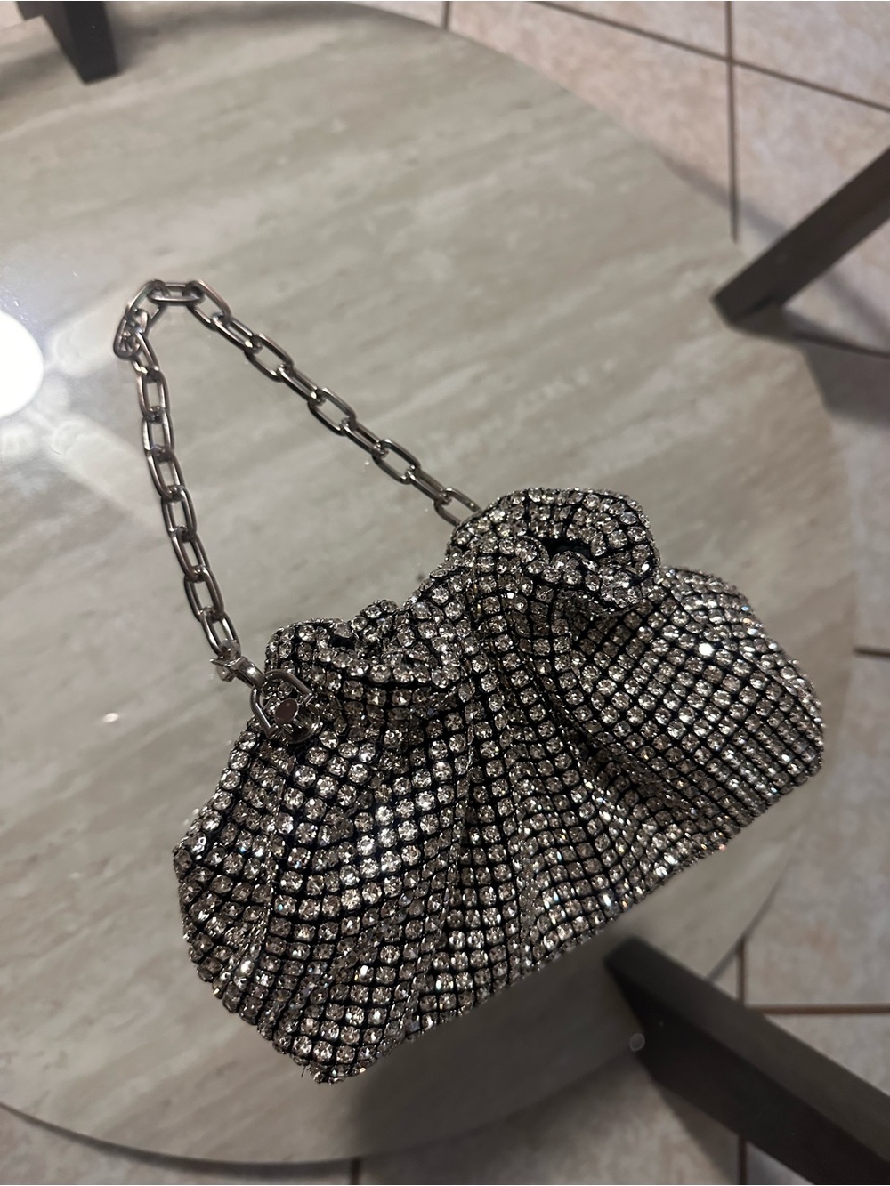 Crystal Mesh Evening Clutch with Chain Strap - Silver